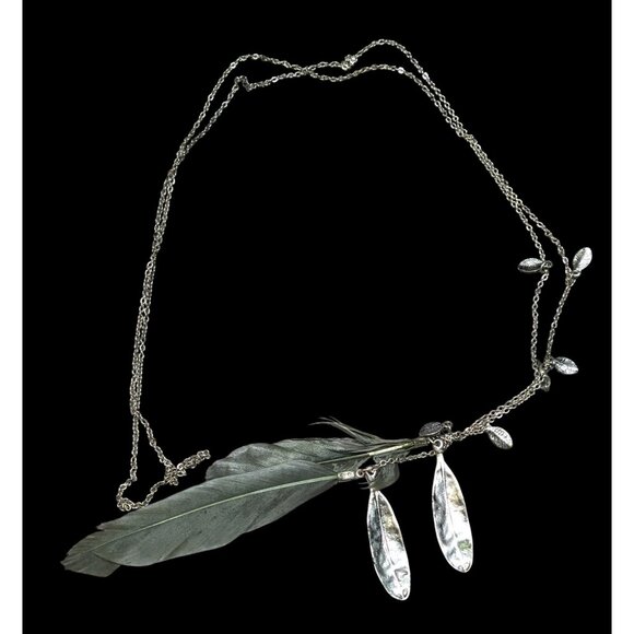 Bohemian Festival Ready Real Feather And Silver Tone Charm Wrap Necklace - Picture 3 of 5